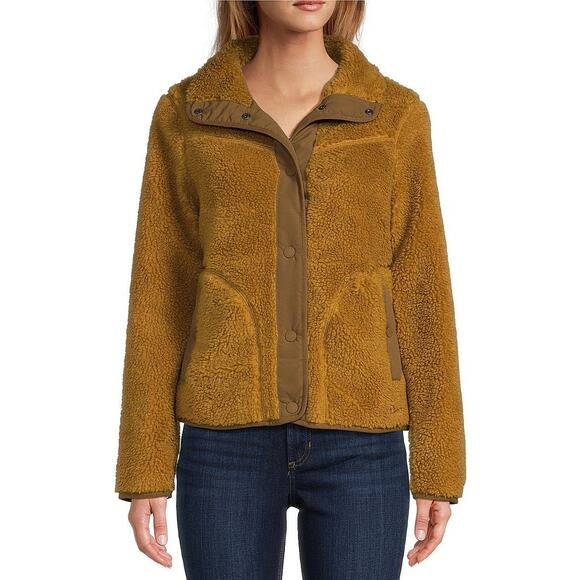 L.L. Bean Sherpa Fleece Stand Collar Antique Gold Snap Front Cozy Jacket Size 1X - Picture 1 of 13